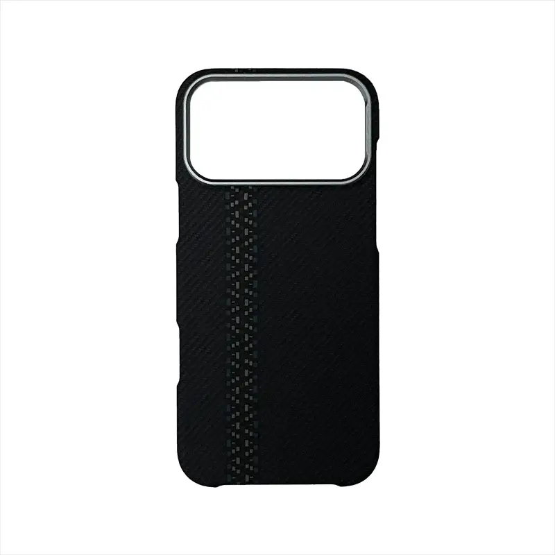 Simples Market iPhone MagSafe case in black carbon fiber with abstract stripe and metallic camera cutout