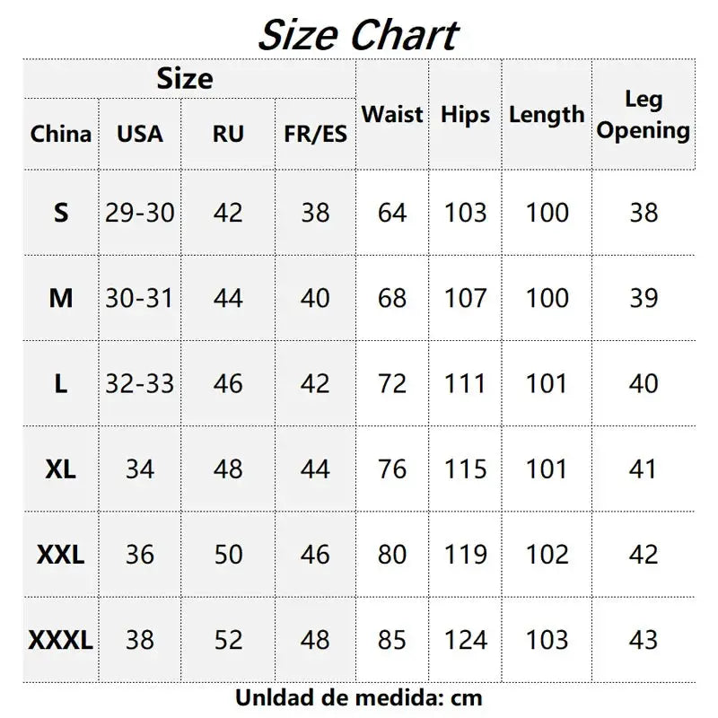 HIQOR men's casual pants size chart by Simples Market showing waist, hips, length and leg opening for S to XXXL.