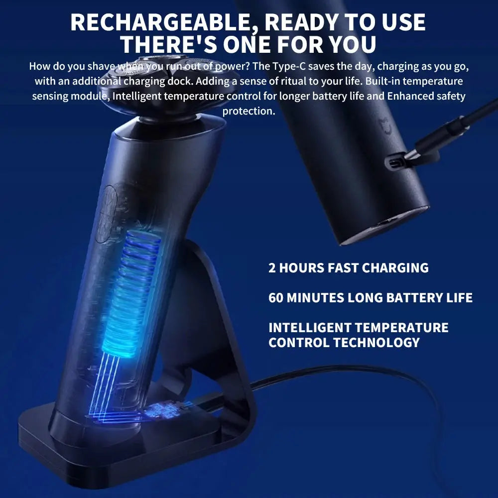 Electric shaver charging on blue-lit docking stand; compact portable design