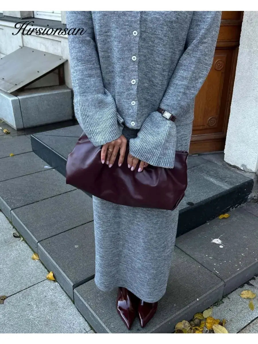 Hirsionsan Two Piece Set Women Polo Neck Cardigan And Midi Dress