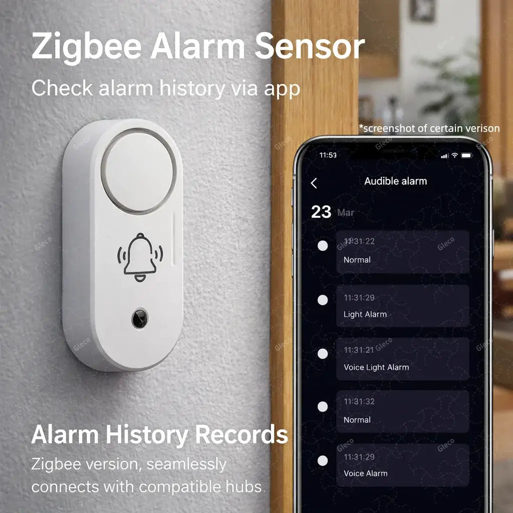 Zigbee Alarm Sensor white wall-mounted with bell icon; view alarm history via app