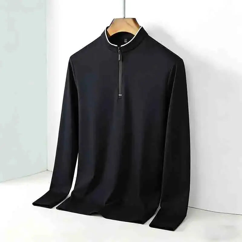 Men's black stand-collar half-zip long-sleeve pullover, slim-fit casual top.