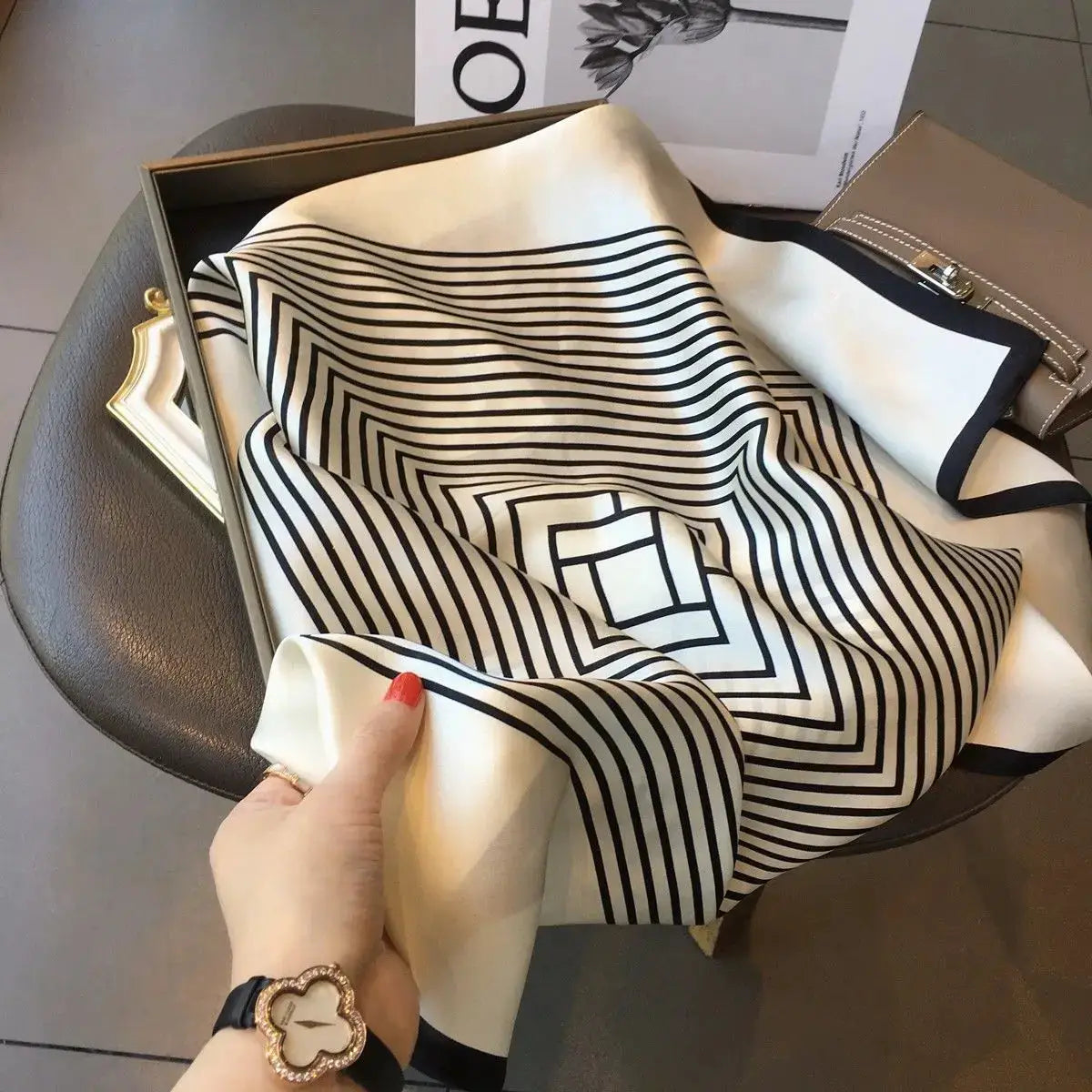 Korean Style Women Striped Brocade Square Scarf 70cm Headscarf for Everyday Wear