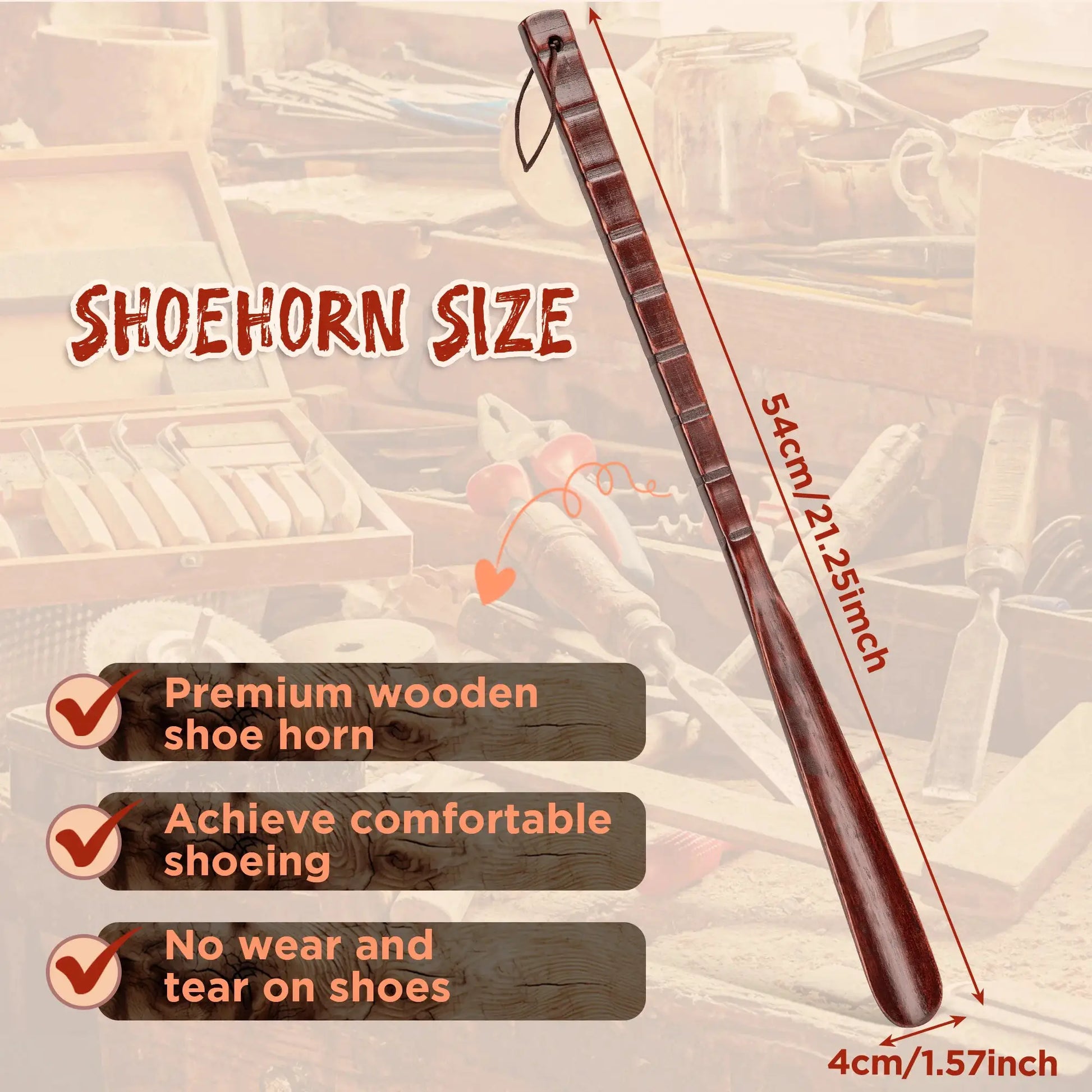 Simples Market wooden shoe horn with long beech wood handle, non-slip, ideal for seniors.