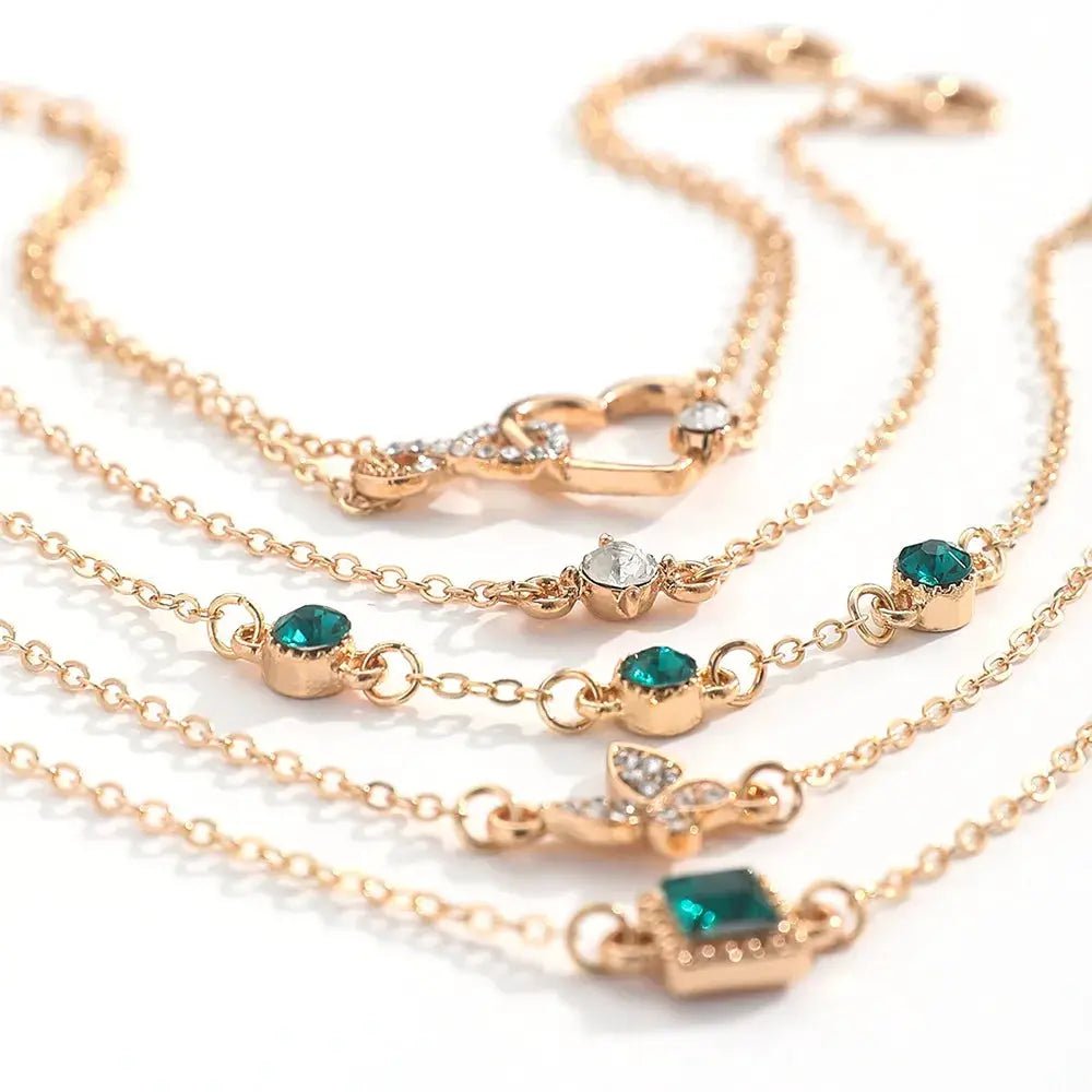 5Pcs Green Crystal Bracelet Set for Women Butterfly Heart Charm Gold Silver Color Chain Bangle Jewelry Trendy - Simples Market