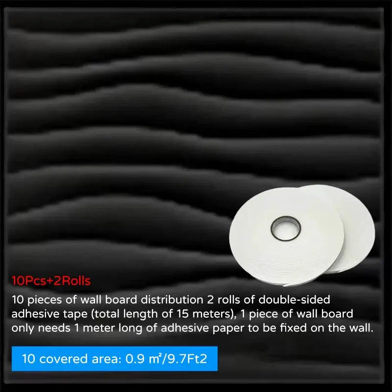 10pcs 30x30cm white 3D wall panel set with 2 rolls of double‑sided adhesive tape for indoor decor
