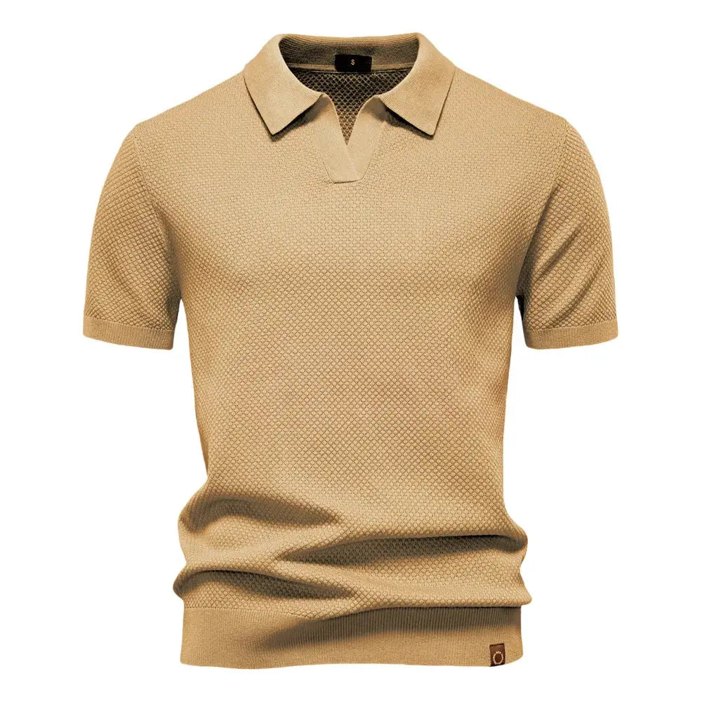 Men's beige solid-color breathable knit polo shirt with short sleeves