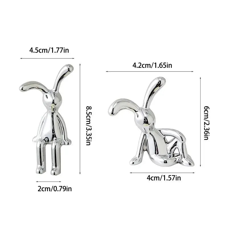 2 Piece Long Eared Rabbit Statues Set Cartoon Silver Electroplated Desktop Ornament for Home Living Room Car Decor