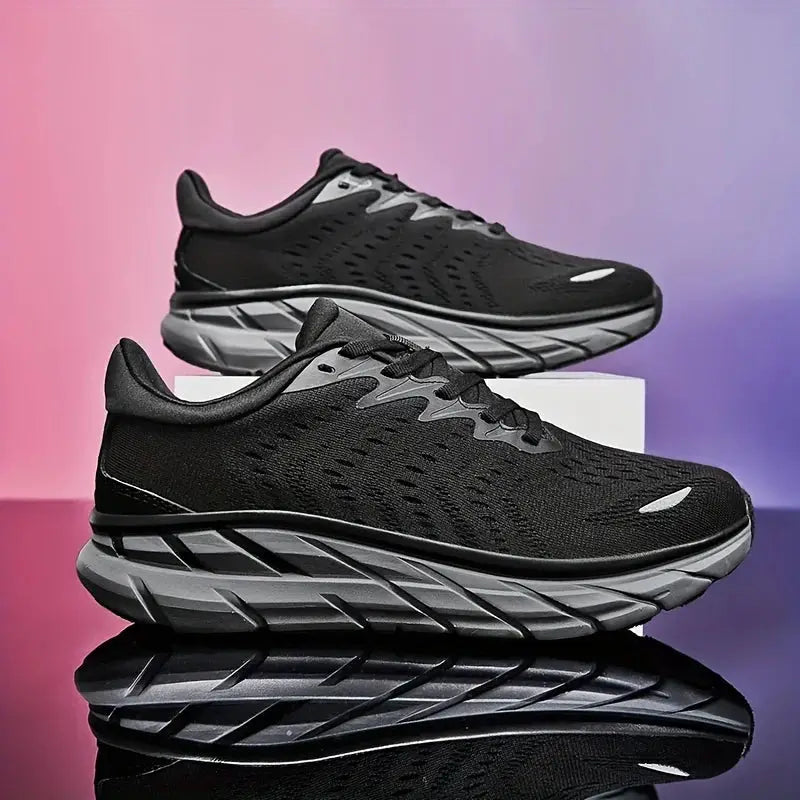 Men's running shoes by Simples Market, black knit upper with cushioned gray sole, pair