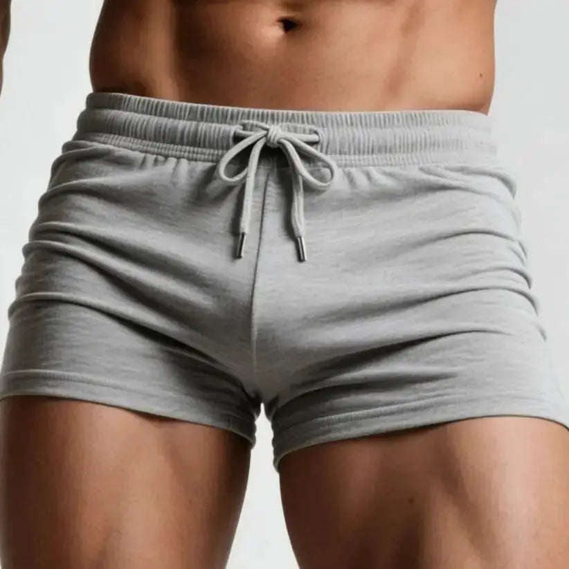 Men's Simples Market gray breathable shorts with lace-up drawstring for gym and running.