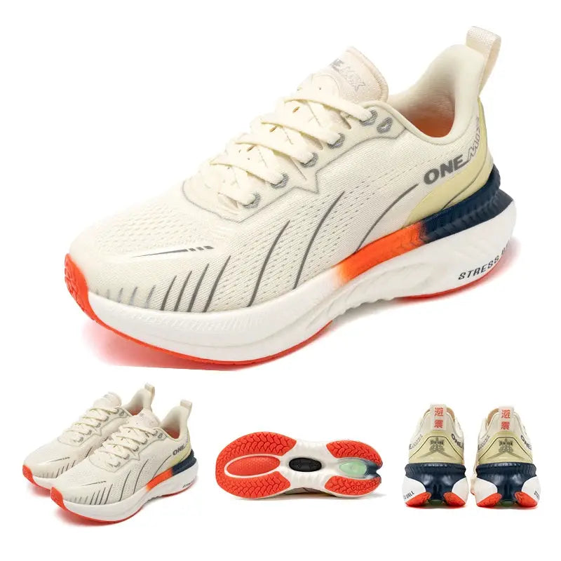 ONEMIX white road running shoes with orange outsole accents and air-cushion midsole