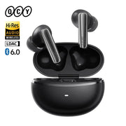 QCY MeloBuds N70 wireless earbuds pair in open charging case; black/gray with LDAC Bluetooth 6.0