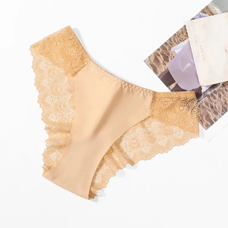 Women's beige lace-trimmed silk satin panties, breathable and soft