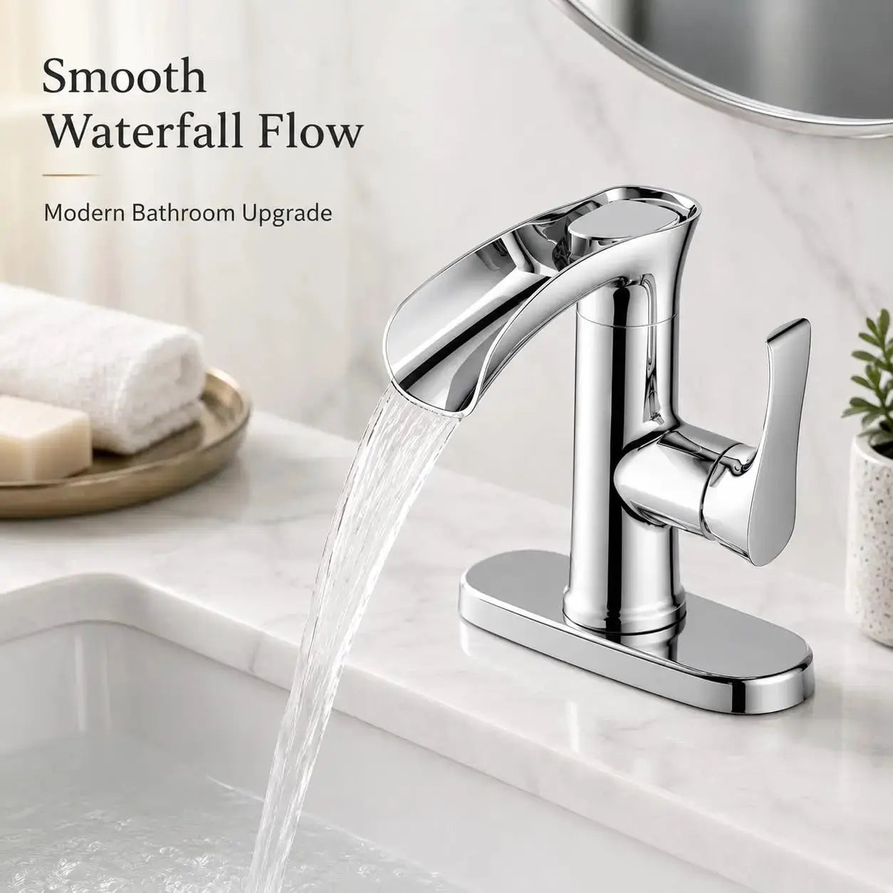 Simples Market Modern Waterfall Bathroom Faucet – Brushed Nickel, ABS & Zinc Alloy, 3-hole deck-mount with base plate