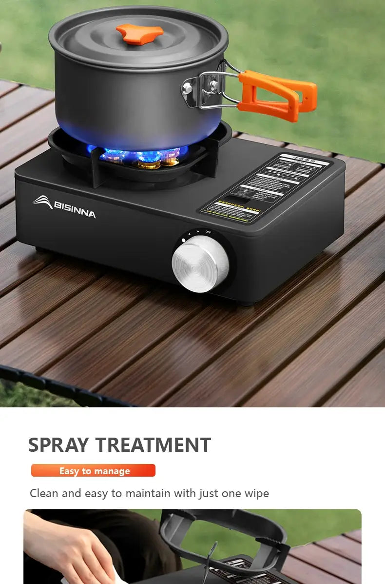 BISINNA camping gas stove 5800W; portable black burner with gray pot, orange lid knob and handles