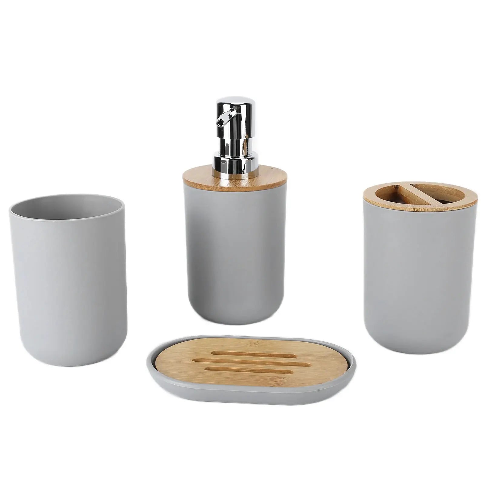4-piece bathroom set in gray with bamboo lids and tray; includes dispenser, toothbrush holder, tumbler, soap dish