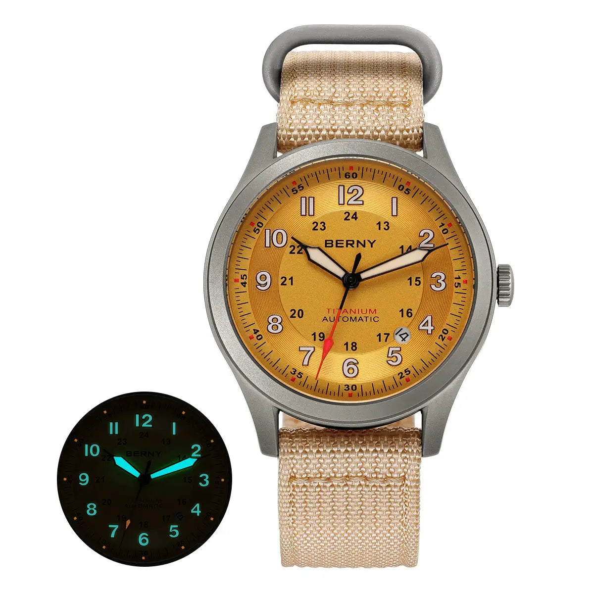BERNY automatic titanium men's watch with gold dial, luminous hands, date window, and beige fabric strap