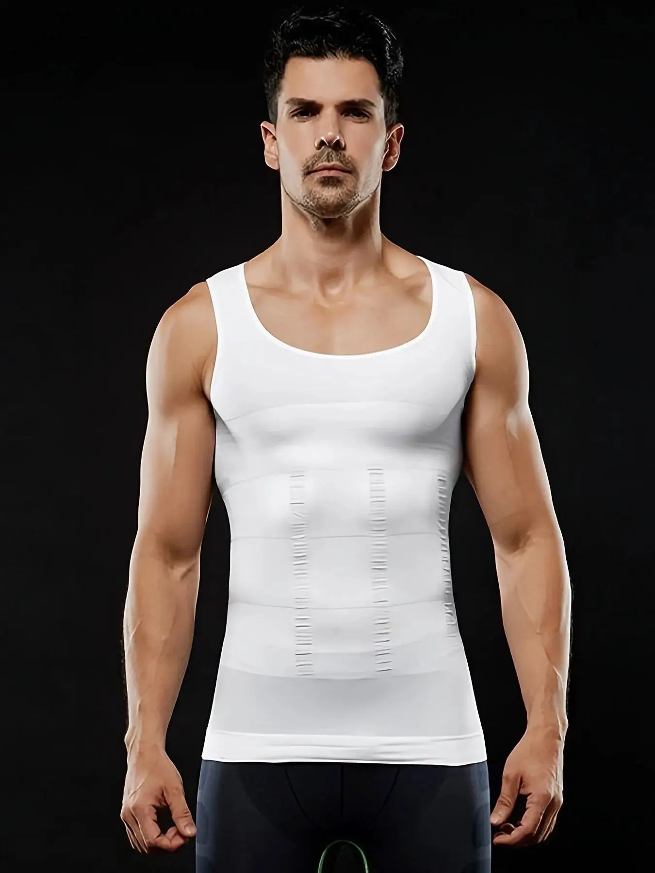 Men's white compression body-shaper tank top with waist-shaping panels