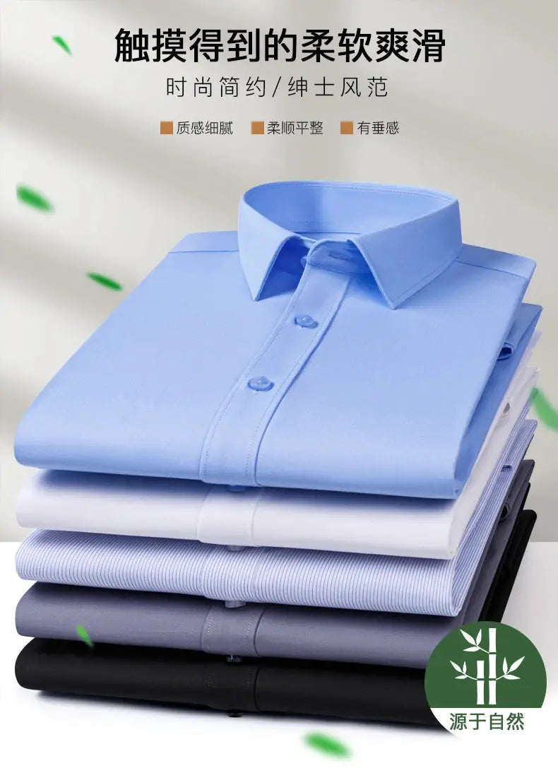 Men's bamboo-fiber long-sleeve shirt set in assorted blue, white, and gray tones with bamboo logo
