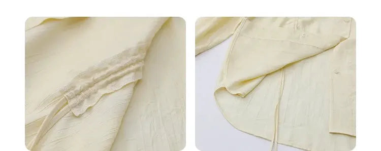 Lace-up shirt in pale yellow with lace trim and side drawstrings, shown in two close-up views.