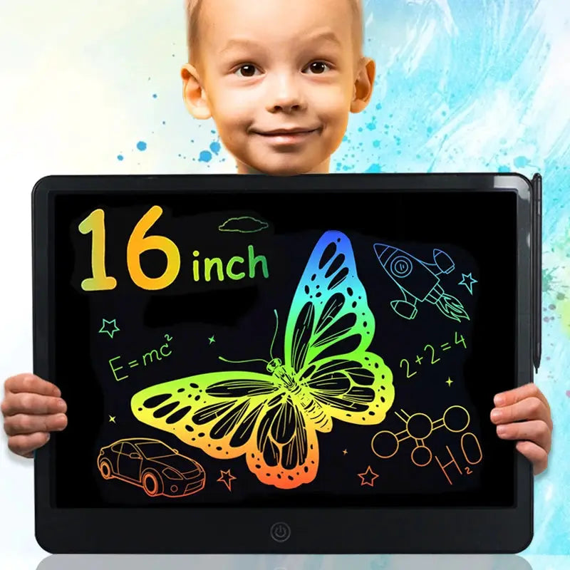 Simples Market 16-inch LCD drawing tablet for kids; black frame with rainbow butterfly artwork on display