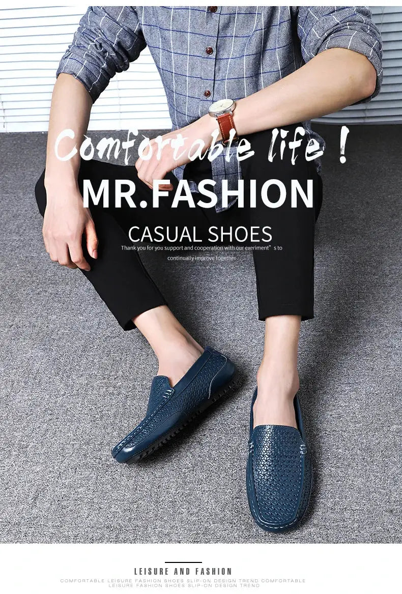 Pair of men's blue genuine leather loafers with a textured pattern, slip-on driving shoes