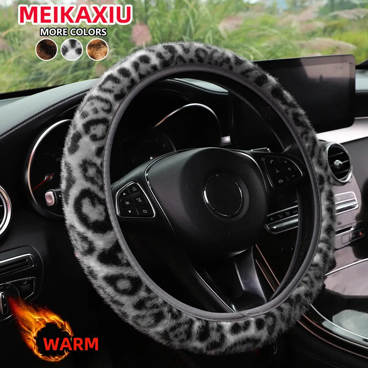 Leopard print plush steering wheel cover for car interior by MEIKAXIU.
