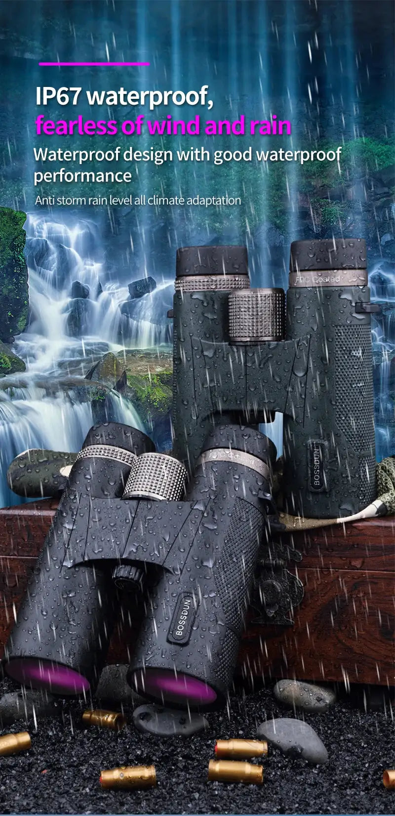 Binoculars, black waterproof metal-bodied pair with a textured grip; two units shown with purple-tinted lenses.