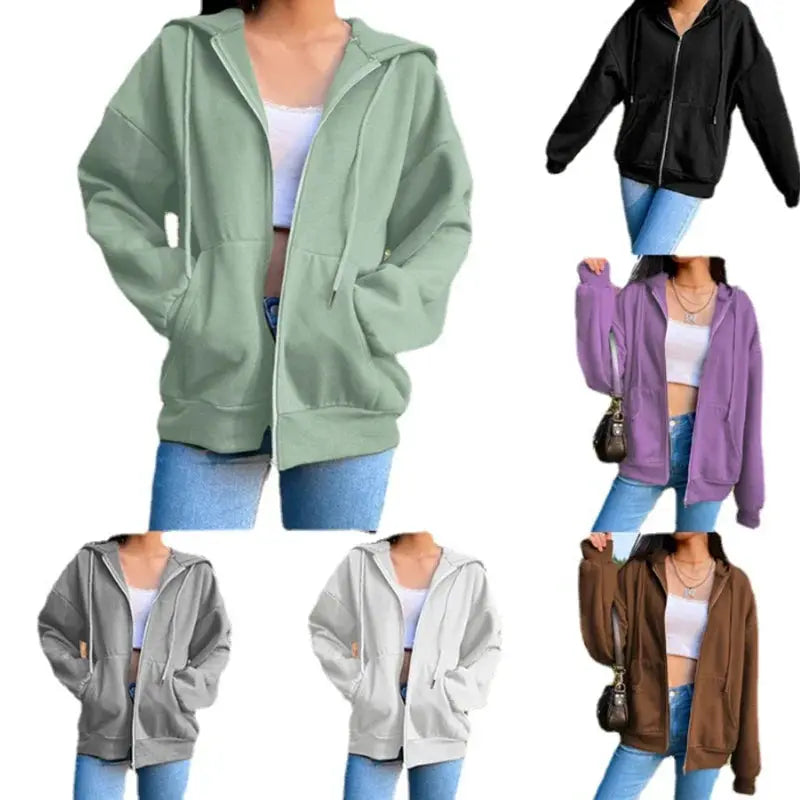 AutumnWear Fleece Hoodie Black Hooded Sweatshirt With Drawstring Pockets And Zipper Loose Fit