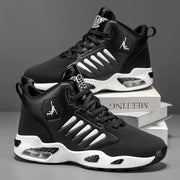 Pair of men's high-top basketball shoes by Simples Market, black with white sole and breathable mesh panels.