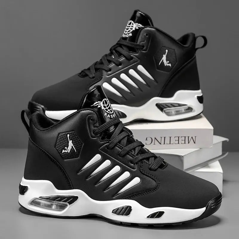 Pair of men's high-top basketball shoes by Simples Market, black with white sole and breathable mesh panels.