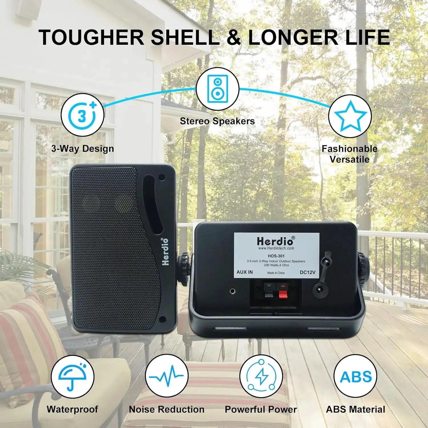 Herdio 3.5in outdoor Bluetooth speakers (2-pack), wall-mountable, waterproof, 200W, black