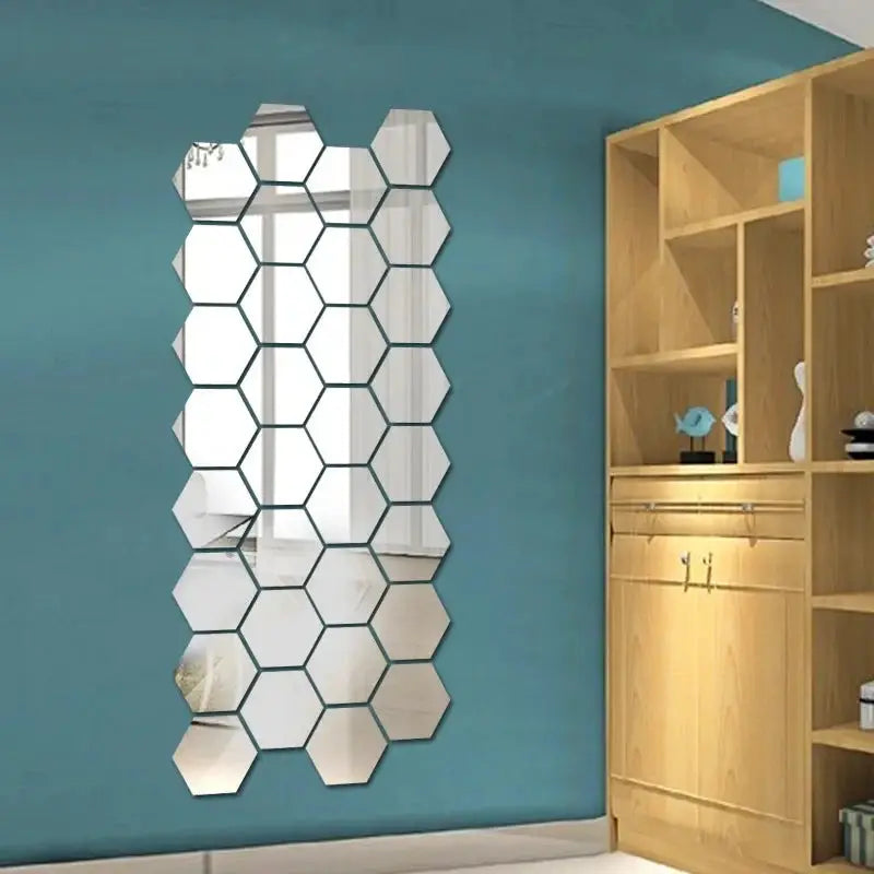 Hexagonal acrylic mirror wall stickers, 12pcs, crystal reflective panels for wall decor by Simples Market