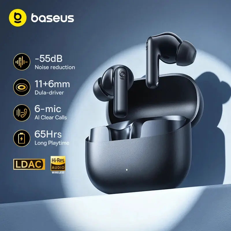 Baseus Bass EP10 wireless earbuds with case, black, 2 earbuds, 65Hrs playtime, -55dB noise reduction, 6 mics AI calls
