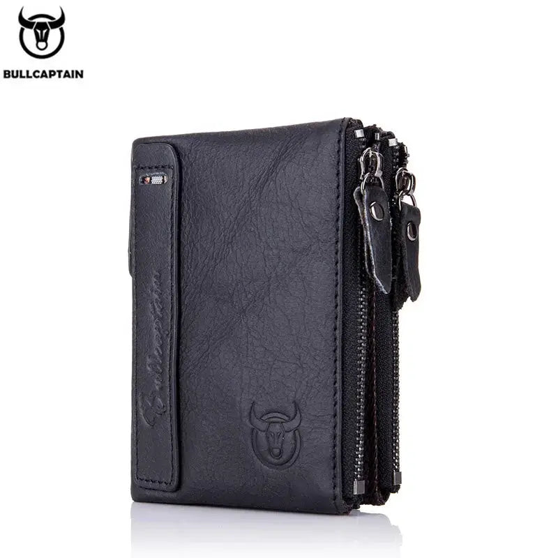 BULLCAPTAIN retro leather RFID wallet for men with zipper compartments and card holder, black