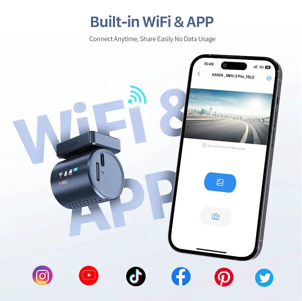 KAWA MINI 3 Pro 2K car dash cam with built-in WiFi, shown with smartphone app