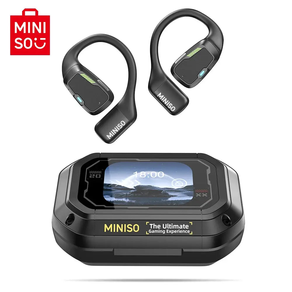 MINISO AI M98 wireless earbuds with LCD touch-screen case; two black sport Bluetooth earphones