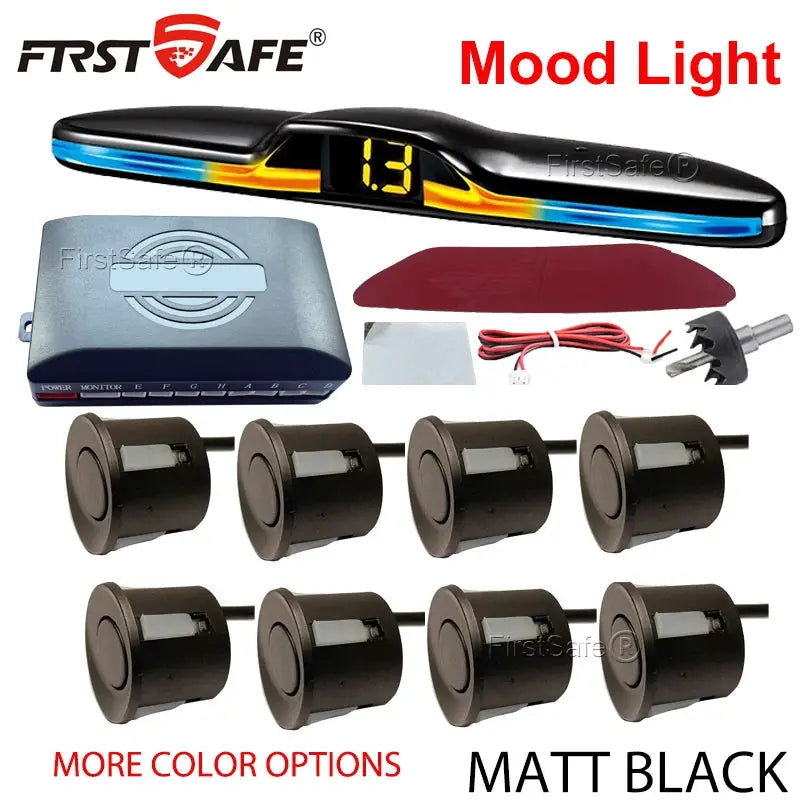 FirstSafe matt black parking sensor kit with mood light display and 8 radar sensors