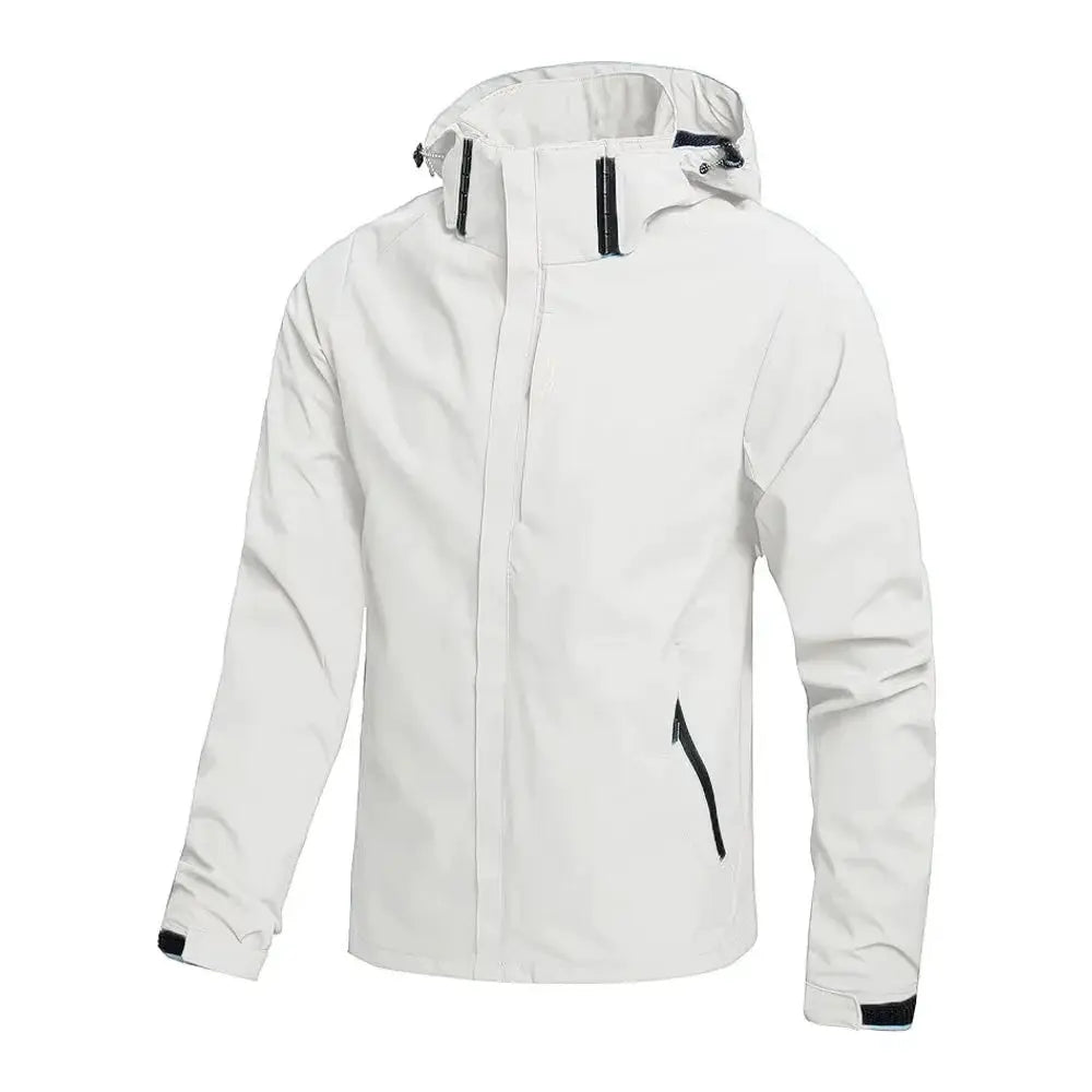 Men's waterproof hooded rain jacket, white with black zippers, Simples Market outdoor windproof coat