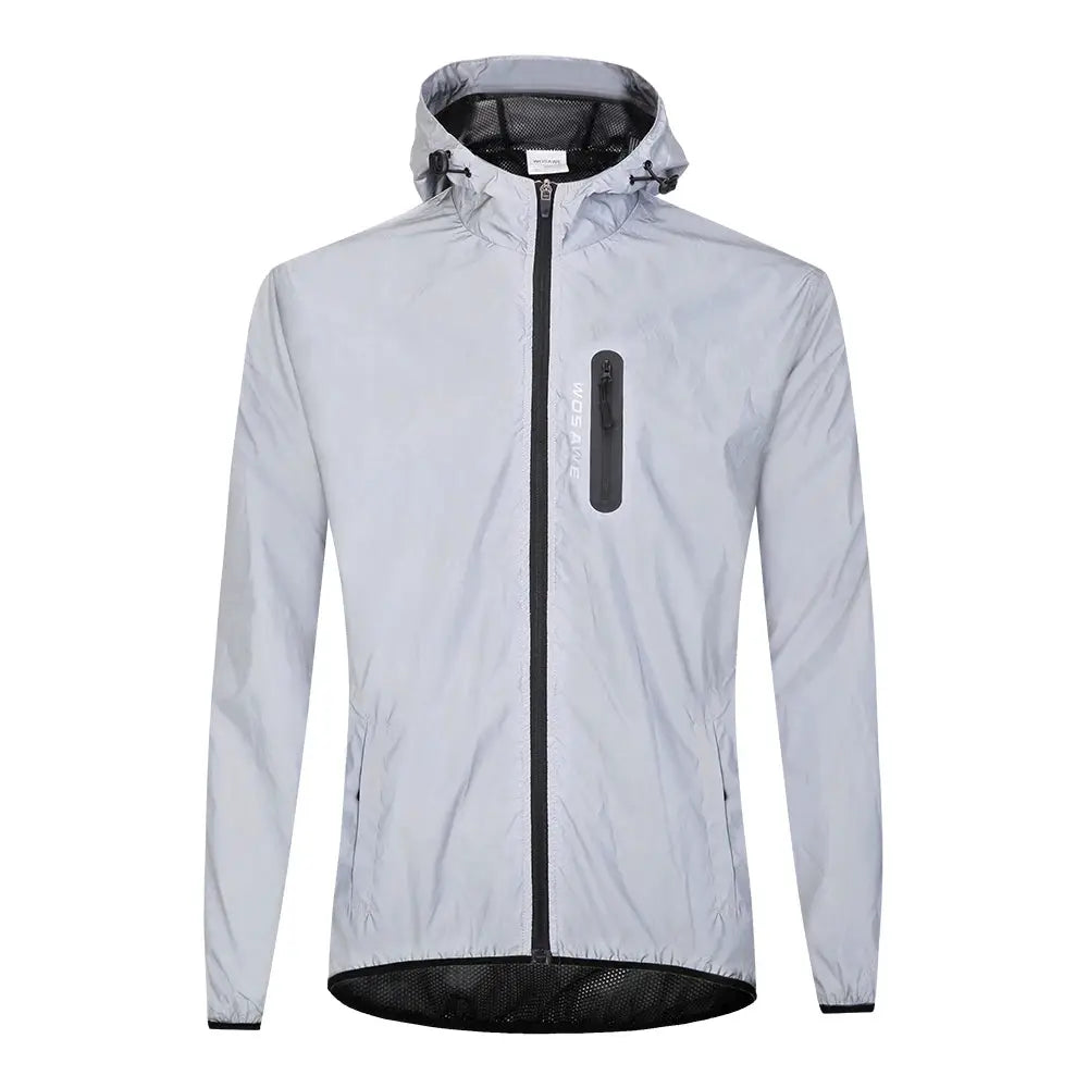 WOSAWE men's reflective hooded windbreaker jacket in gray with front zipper and chest pocket