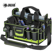 JAKAH 40-pocket tool tote with neon green trim for electricians, featuring multiple tool pockets