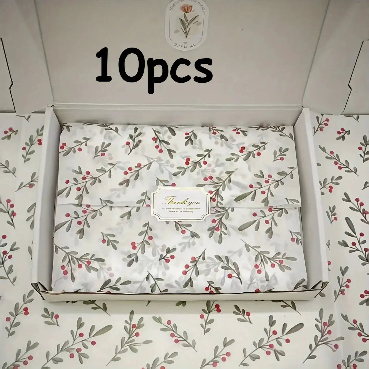 Gift wrap paper set, 10pcs wax-coated holly berry print with gray-green leaves