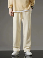Men's cream cotton sweatpants with drawstring, wide-leg casual track pants