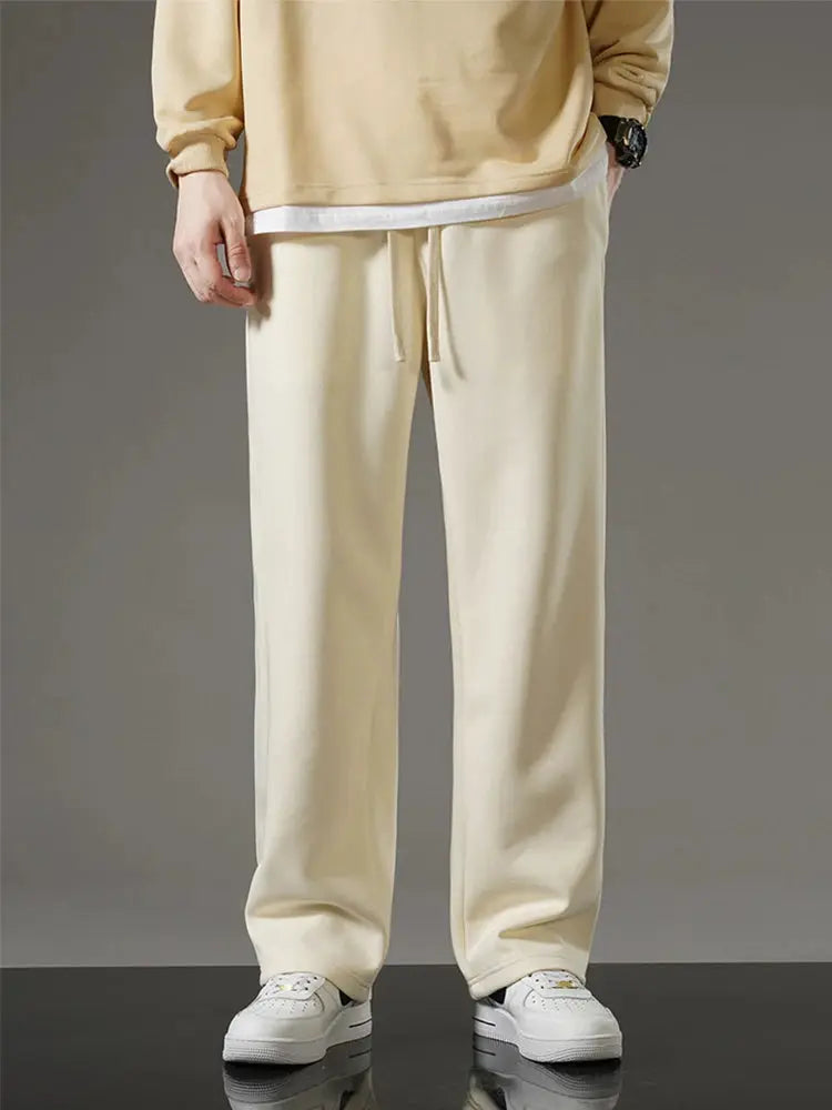 Men's cream cotton sweatpants with drawstring, wide-leg casual track pants