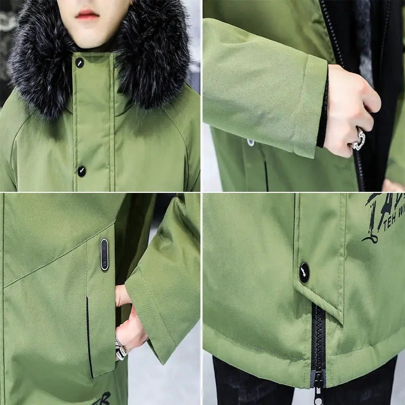 Winter men's long down jacket in olive green with black fur-trimmed hood, zip pockets, Simples Market.
