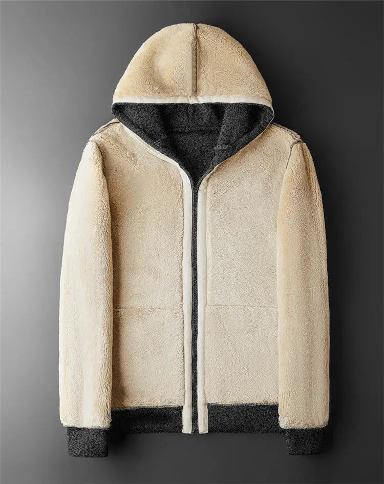 Simples Market fleece hooded jacket, beige lambswool-like coat with black interior and cuffs