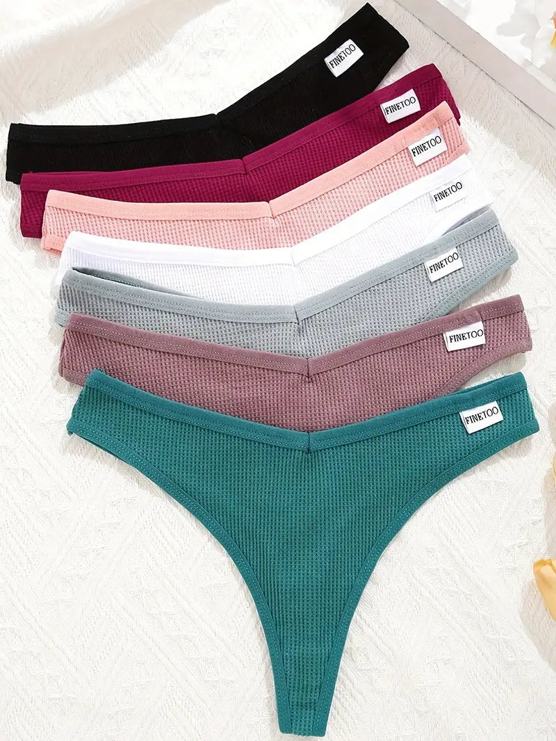 Waffle cotton thong panties, 7-pack, assorted colors, FINETOO tag