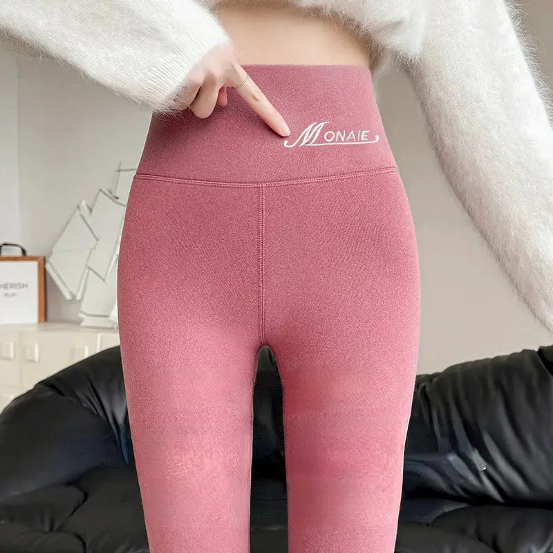 Winter cashmere leggings for women in pink, high-waist, thick velvet knit with Monaie logo