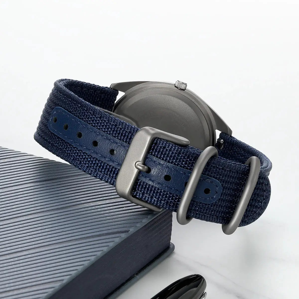 BERNY titanium men's watch with navy fabric strap and gray case