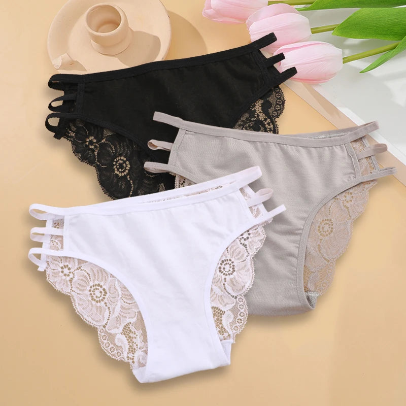 3pc women's lace panty set by Simples Market in black, gray, and white with floral lace trim
